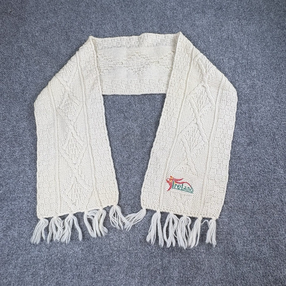 VTG 70s 80s Irish Homecraft Aran Knit Scarf Wool Cream Ireland Souvenir Fringe‎